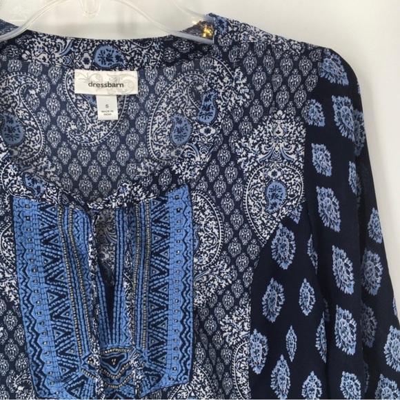 Blue Beaded Embroidered Paisley/Damask Boho V-Neck 3/4 Sleeve Tunic - Sz S - Picture 6 of 14